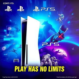 A stunning front page design for a PlayStation 5 (PS5) gaming console, featuring an artistic depiction of the PS5 with its futuristic design and sleek curves