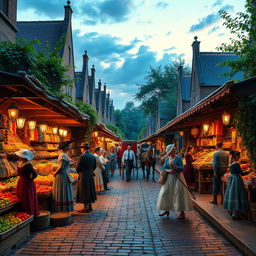 A visually stunning scene that transports viewers into the past, showcasing a vibrant and bustling street market from the 18th century