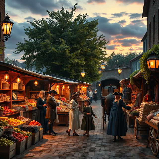 A visually stunning scene that transports viewers into the past, showcasing a vibrant and bustling street market from the 18th century