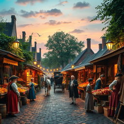 A visually stunning scene that transports viewers into the past, showcasing a vibrant and bustling street market from the 18th century