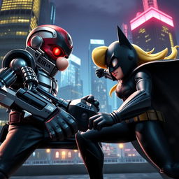 A dynamic battle scene depicting Mario as the Terminator, with a sleek robotic arm and glowing red eyes, engaging in an epic fight against Batman portrayed by Princess Peach