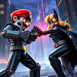 A dynamic battle scene depicting Mario as the Terminator, with a sleek robotic arm and glowing red eyes, engaging in an epic fight against Batman portrayed by Princess Peach