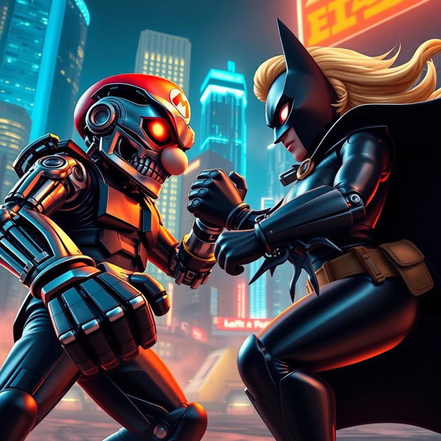 A dynamic battle scene depicting Mario as the Terminator, with a sleek robotic arm and glowing red eyes, engaging in an epic fight against Batman portrayed by Princess Peach