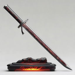 Generate an image of a majestic katana with an obsidian edge, with a pulsing vein of lava illuminating its core