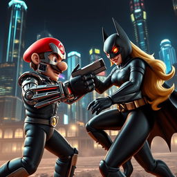 A dynamic battle scene depicting Mario as the Terminator, with a sleek robotic arm and glowing red eyes, engaging in an epic fight against Batman portrayed by Princess Peach
