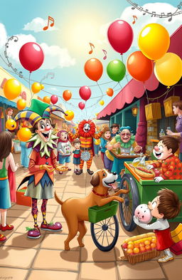 A whimsical and colorful scene of a bustling marketplace filled with comical characters engaging in various funny antics