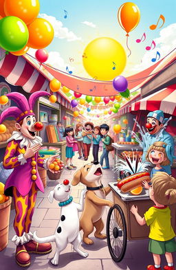 A whimsical and colorful scene of a bustling marketplace filled with comical characters engaging in various funny antics