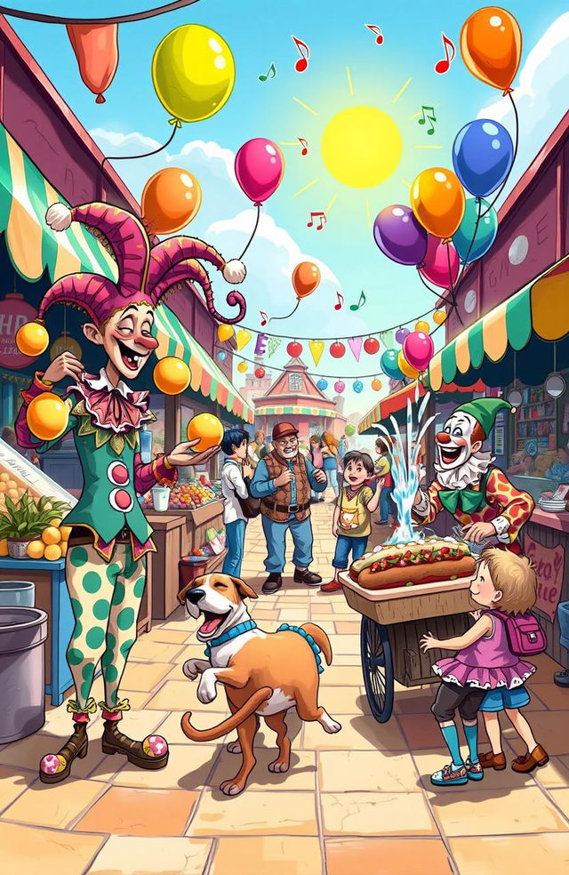 A whimsical and colorful scene of a bustling marketplace filled with comical characters engaging in various funny antics