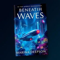 A captivating book cover design for "Beneath the Waves" by Marina Deepson, featuring a breathtaking underwater sci-fi scene