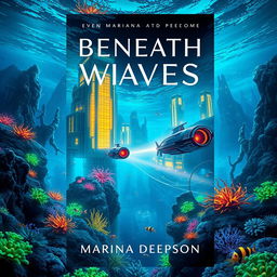 A captivating book cover design for "Beneath the Waves" by Marina Deepson, featuring a breathtaking underwater sci-fi scene