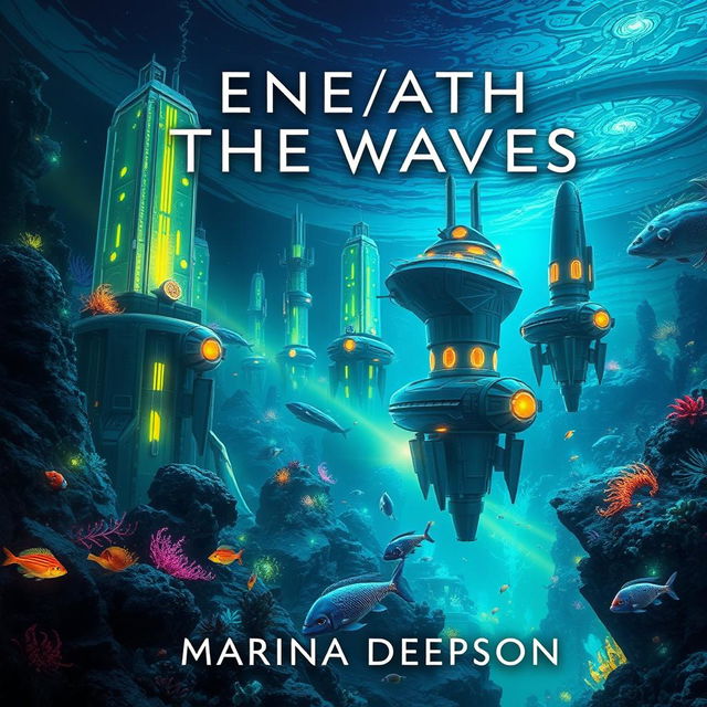 A captivating book cover design for "Beneath the Waves" by Marina Deepson, featuring a breathtaking underwater sci-fi scene