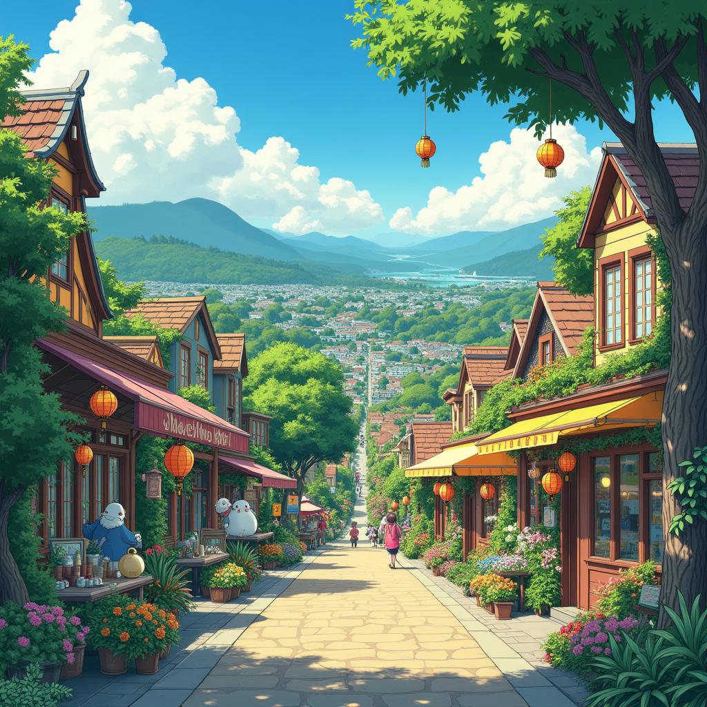 A vibrant cityscape of Lower Hutt, depicted in the whimsical and enchanting style of Studio Ghibli