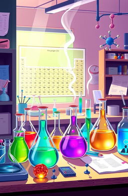 A vibrant and detailed illustration of an organic chemistry laboratory, featuring glassware like beakers, flasks, and pipettes filled with colorful liquids and chemical reactions happening