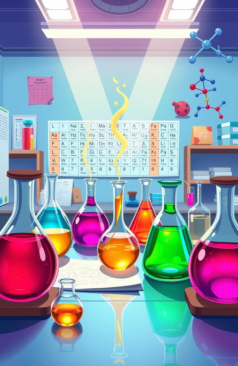 A vibrant and detailed illustration of an organic chemistry laboratory, featuring glassware like beakers, flasks, and pipettes filled with colorful liquids and chemical reactions happening