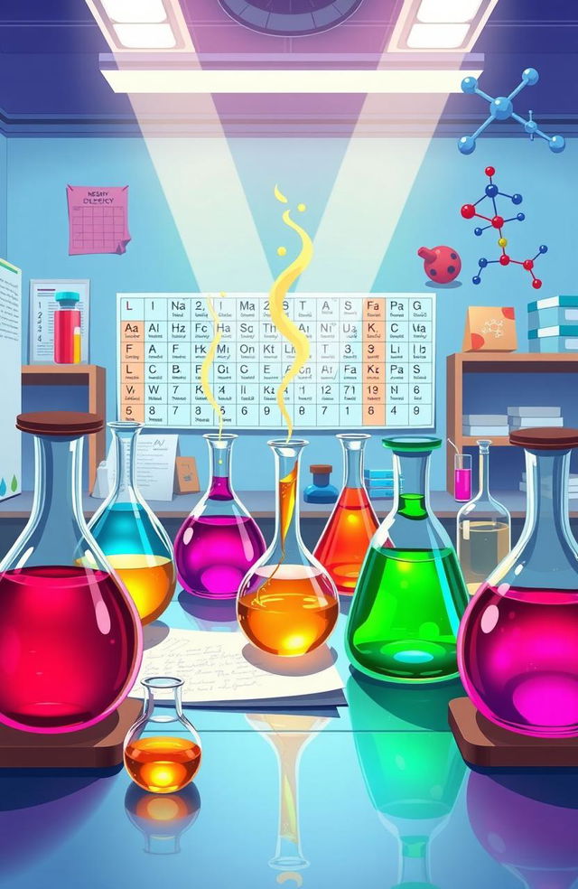 A vibrant and detailed illustration of an organic chemistry laboratory, featuring glassware like beakers, flasks, and pipettes filled with colorful liquids and chemical reactions happening