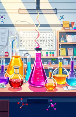 A vibrant and detailed illustration of an organic chemistry laboratory, featuring glassware like beakers, flasks, and pipettes filled with colorful liquids and chemical reactions happening