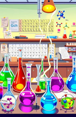 A vibrant and detailed illustration of an organic chemistry laboratory, featuring glassware like beakers, flasks, and pipettes filled with colorful liquids and chemical reactions happening