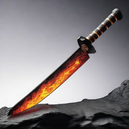 Generate an image of a unique katana, with the blade made of flowing, vivid red and yellow lava