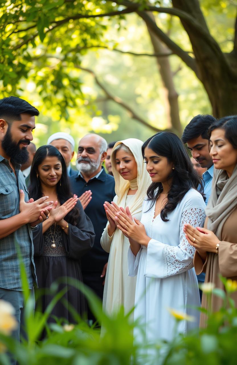 An elegant and serene scene depicting a diverse group of individuals of various backgrounds and ages, gathered together in peaceful prayer