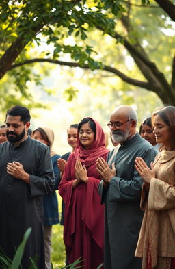 An elegant and serene scene depicting a diverse group of individuals of various backgrounds and ages, gathered together in peaceful prayer