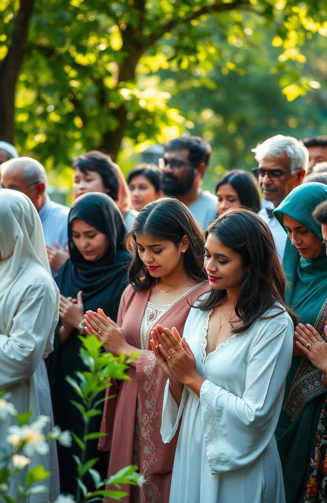 An elegant and serene scene depicting a diverse group of individuals of various backgrounds and ages, gathered together in peaceful prayer