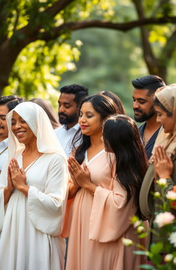 An elegant and serene scene depicting a diverse group of individuals of various backgrounds and ages, gathered together in peaceful prayer