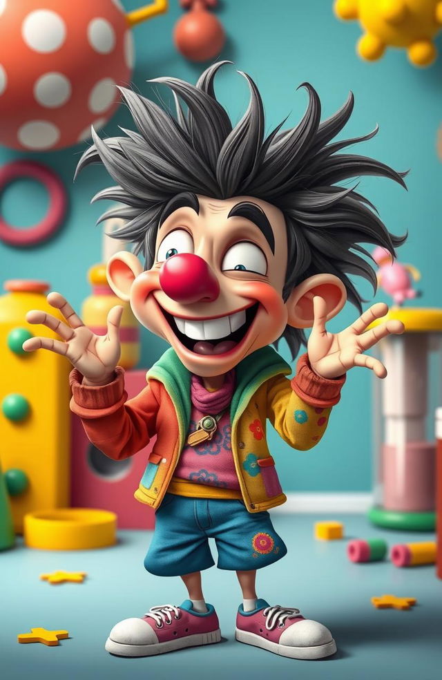 A humorous cartoon character named Mensuga, designed by Egip Sogip, showcasing a wacky and mad personality