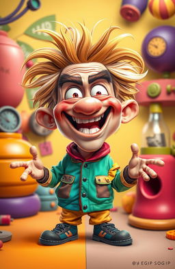 A humorous cartoon character named Mensuga, designed by Egip Sogip, showcasing a wacky and mad personality