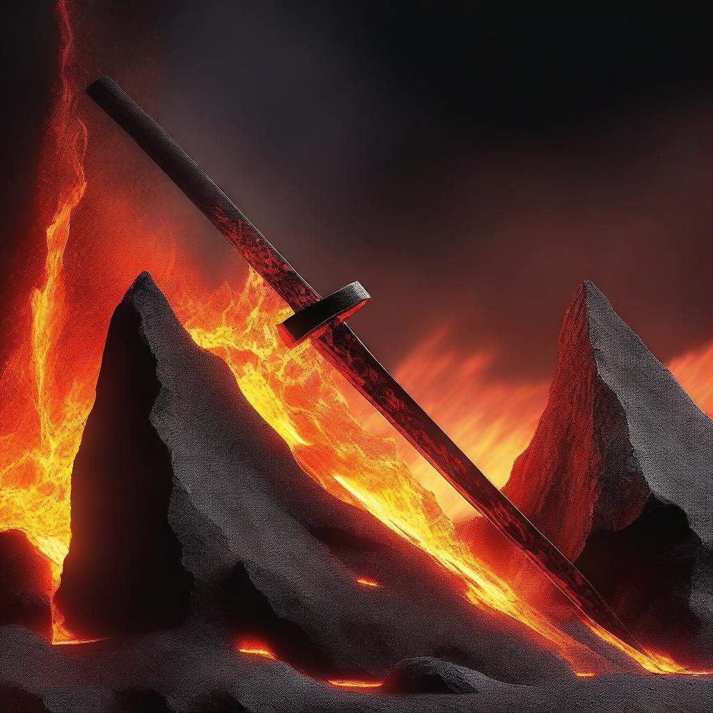 Generate an image of a unique katana, with the blade made of flowing, vivid red and yellow lava