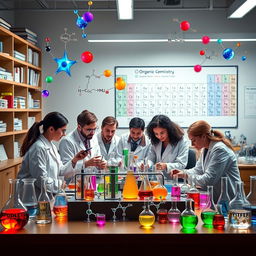 A visually engaging representation of organic chemistry concepts, featuring colorful molecular structures and chemical equations in a dynamic lab environment