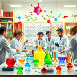 A visually engaging representation of organic chemistry concepts, featuring colorful molecular structures and chemical equations in a dynamic lab environment