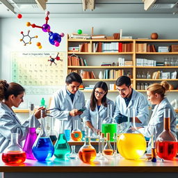 A visually engaging representation of organic chemistry concepts, featuring colorful molecular structures and chemical equations in a dynamic lab environment