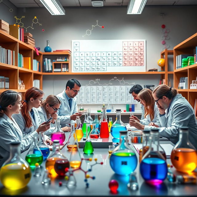 A visually engaging representation of organic chemistry concepts, featuring colorful molecular structures and chemical equations in a dynamic lab environment