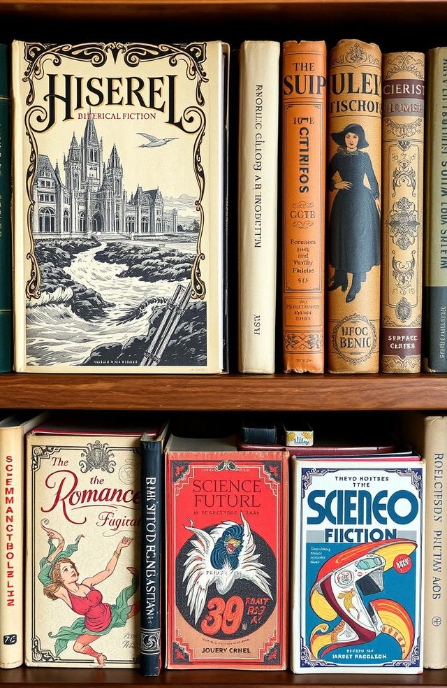 A collection of vintage book covers showcasing a variety of genres, featuring ornate typography and classic illustrations