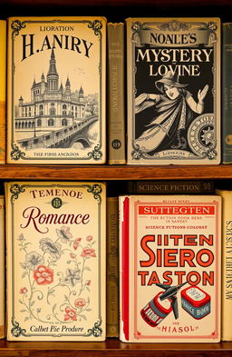 A collection of vintage book covers showcasing a variety of genres, featuring ornate typography and classic illustrations