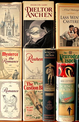 A collection of vintage book covers showcasing a variety of genres, featuring ornate typography and classic illustrations