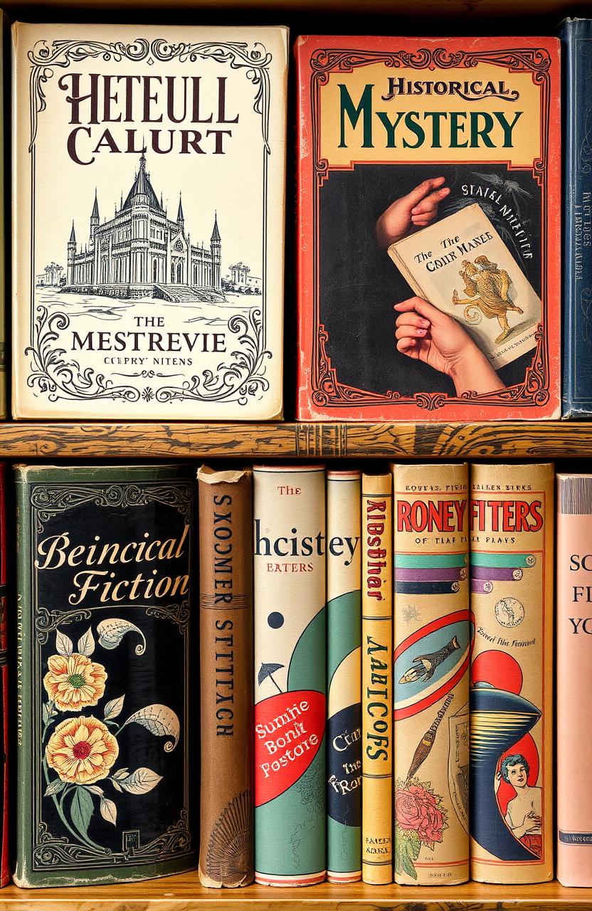 A collection of vintage book covers showcasing a variety of genres, featuring ornate typography and classic illustrations