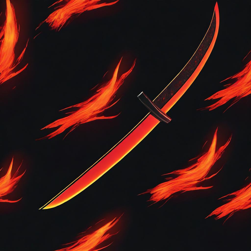 Generate a vivid image of a katana sword where the blade is replaced by a flow of molten lava