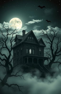 A spooky haunted house on a hill, surrounded by twisted trees, thick fog, and a full moon shining brightly in a starry sky