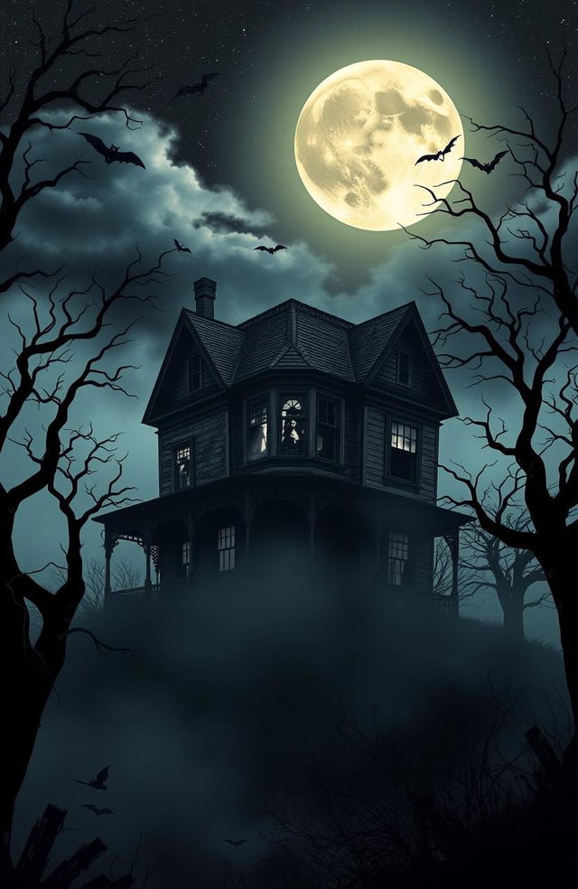 A spooky haunted house on a hill, surrounded by twisted trees, thick fog, and a full moon shining brightly in a starry sky