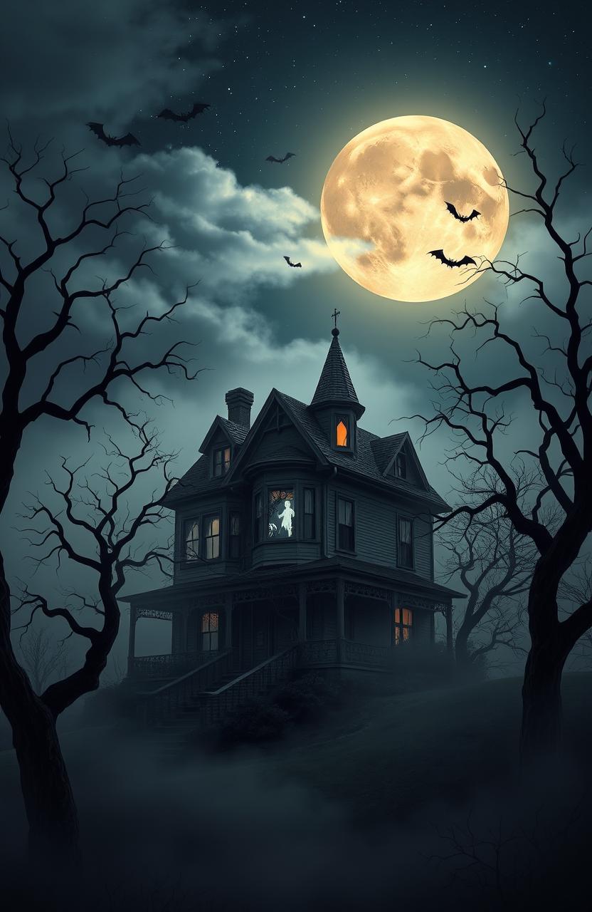 A spooky haunted house on a hill, surrounded by twisted trees, thick fog, and a full moon shining brightly in a starry sky