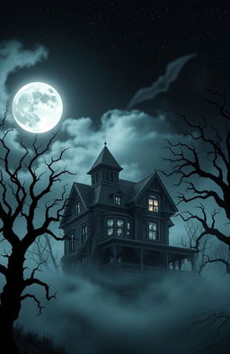 A spooky haunted house on a hill, surrounded by twisted trees, thick fog, and a full moon shining brightly in a starry sky