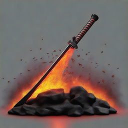 Generate a vivid image of a katana sword where the blade is replaced by a flow of molten lava