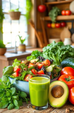 A vibrant, health-oriented scene showcasing a variety of fresh vegetables and fruits, emphasizing a holistic approach to health and wellness
