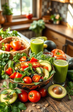 A vibrant, health-oriented scene showcasing a variety of fresh vegetables and fruits, emphasizing a holistic approach to health and wellness