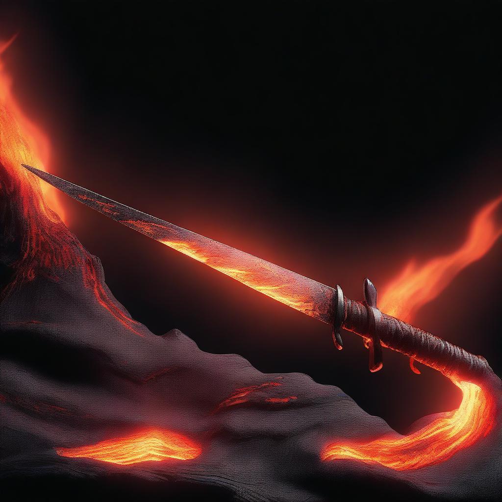 Generate a vivid image of a katana sword where the blade is replaced by a flow of molten lava