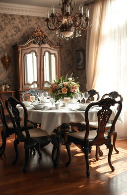 A vintage scene featuring an elegantly set dining table with ornate details, surrounded by antique wooden chairs