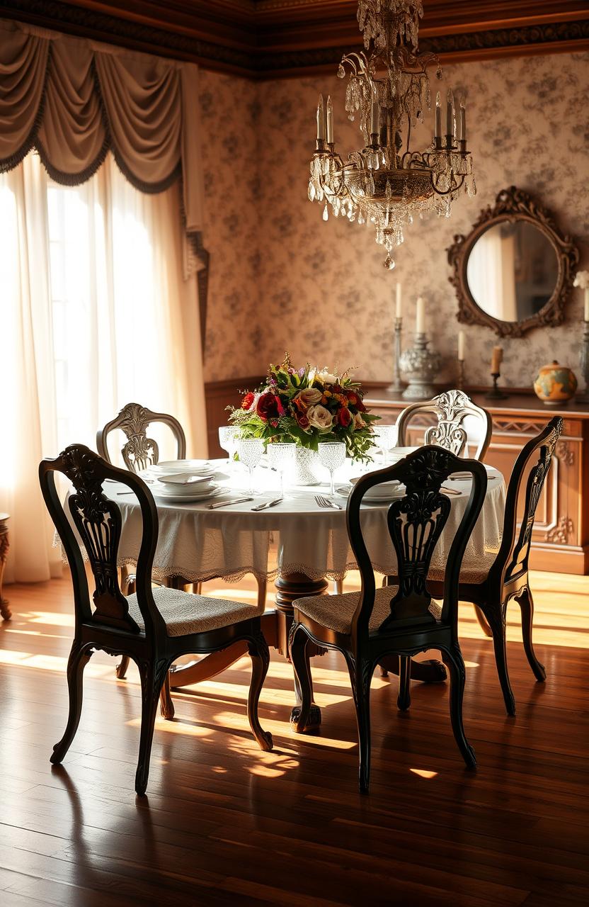 A vintage scene featuring an elegantly set dining table with ornate details, surrounded by antique wooden chairs