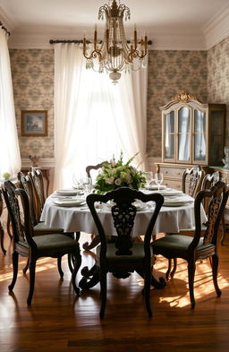 A vintage scene featuring an elegantly set dining table with ornate details, surrounded by antique wooden chairs