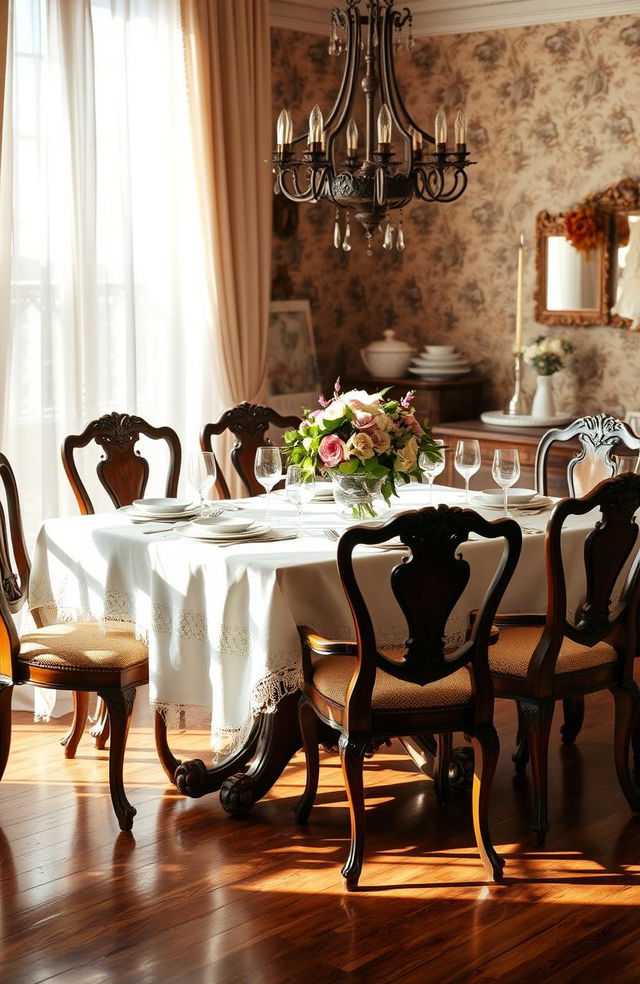 A vintage scene featuring an elegantly set dining table with ornate details, surrounded by antique wooden chairs